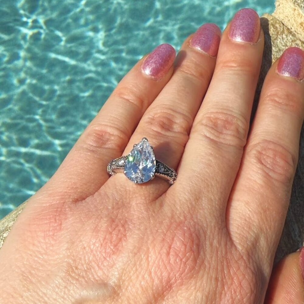 Charity Sale - THE QUEEN’S LEGACY Diamonesk Pear Cut Sterling Silver Size 8.5